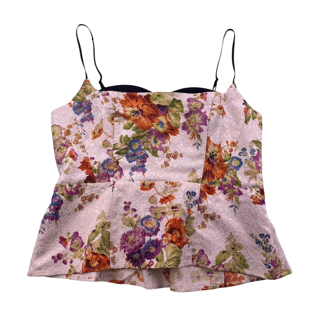 Maeve Anthropologie Floral Jacquard Peek A Boo Peplum Tank Top XL Pink Orange
